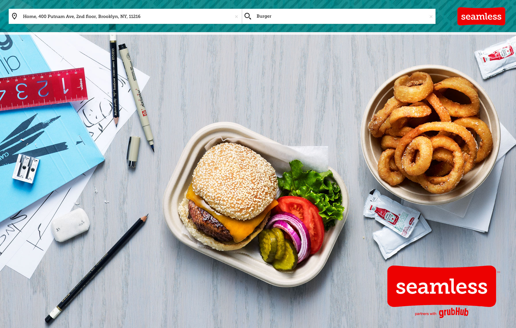 Seamless | Burger & Onion Rings